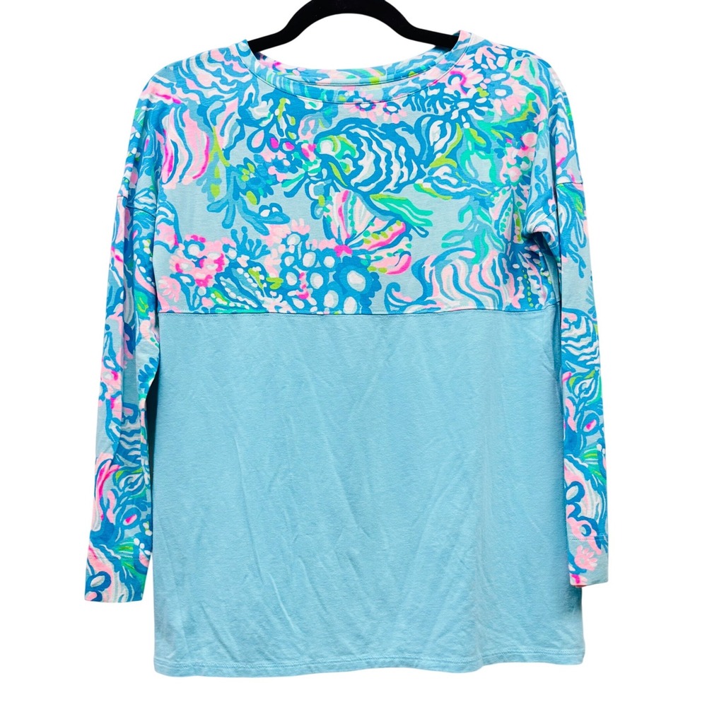 Lilly Pulitzer Etta Long Sleeve Top Blue Pink Coral Print XXS Pima Cotton Modal